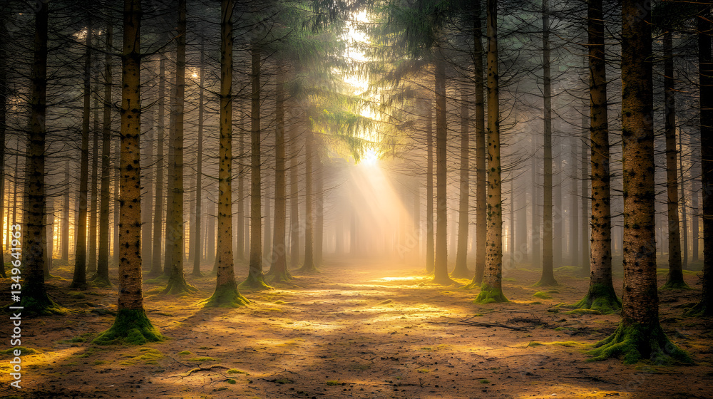 Fototapeta premium Sunlit forest path surrounded by towering trees and mystical fog