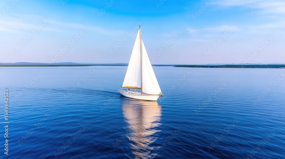 Obraz premium Sailboat glides across serene water. Clear sky and calm waters reflect the vessel