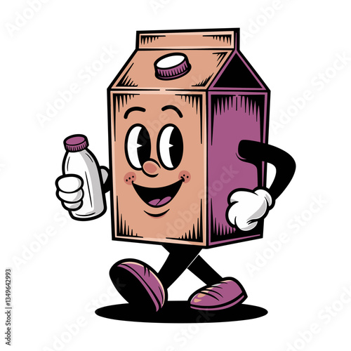 Retro character of a cartoon milk carton happily walking while holding a bottle of milk