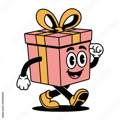 Cartoon illustration of a walking gift box with a happy face, white gloves, and yellow boots