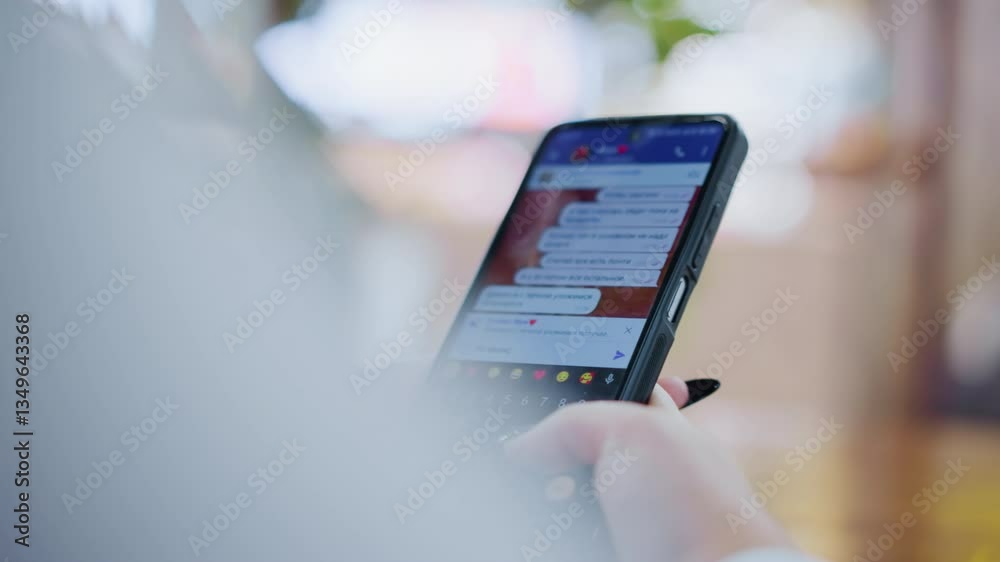 Close-up of black cell phone being used for chatting on a wooden table, fingers typing on keyboard, screen displaying text messages, blurred light effects around
