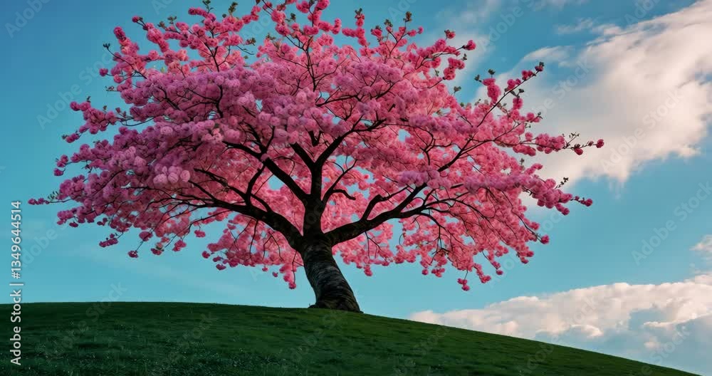 A cherry tree in full bloom on the horizon. A flowering cherry tree in a green meadow. An aged tree with a unique trunk adorned with pink blossoms in the spring. A cherry tree in full bloom on the horizon. A flowering cherry tree in a green meadow. An aged tree with a unique trunk adorned with pink blossoms in the spring.