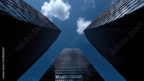 Urban skyscrapers reaching for the sky.  Modern architecture against a vibrant blue sky