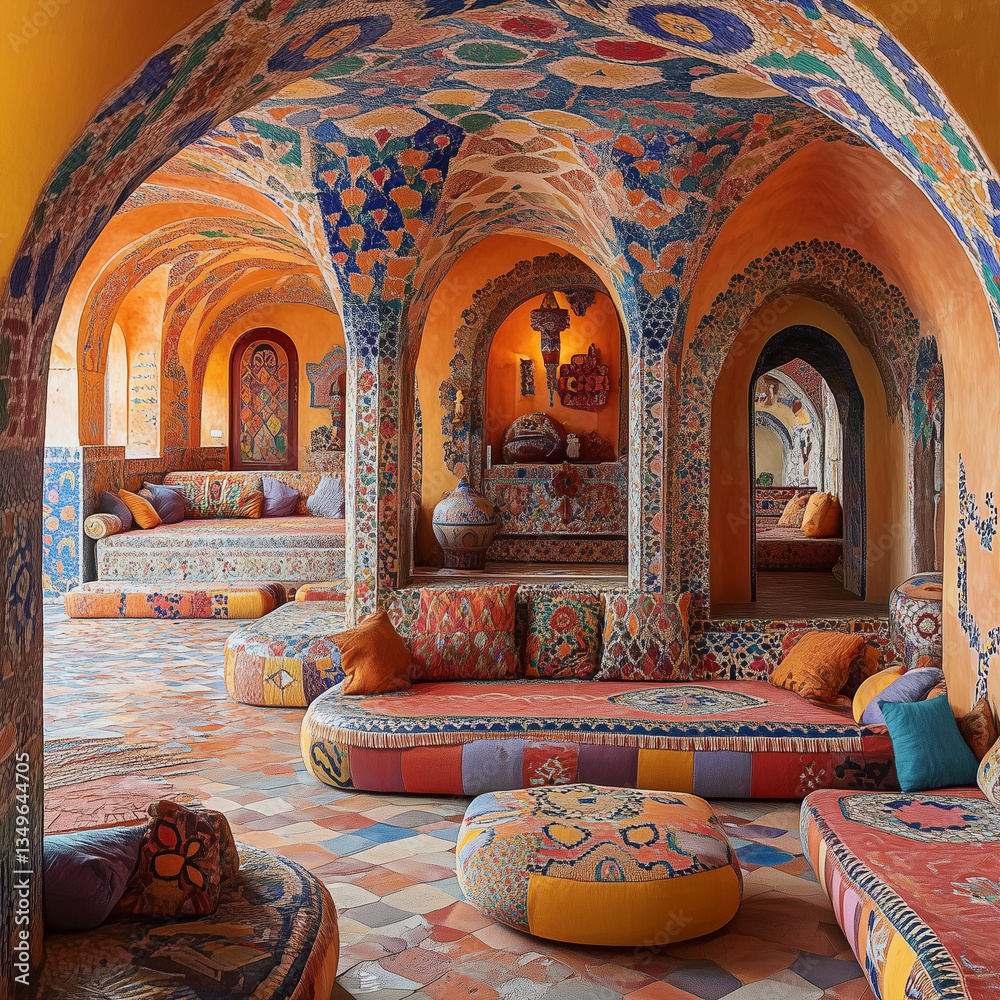 Exotic Moroccan Lounge with Intricate Architecture and Colorful Decor