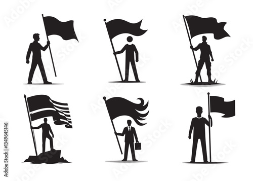 A man with a waving flag Silhouette vector illustration Set
