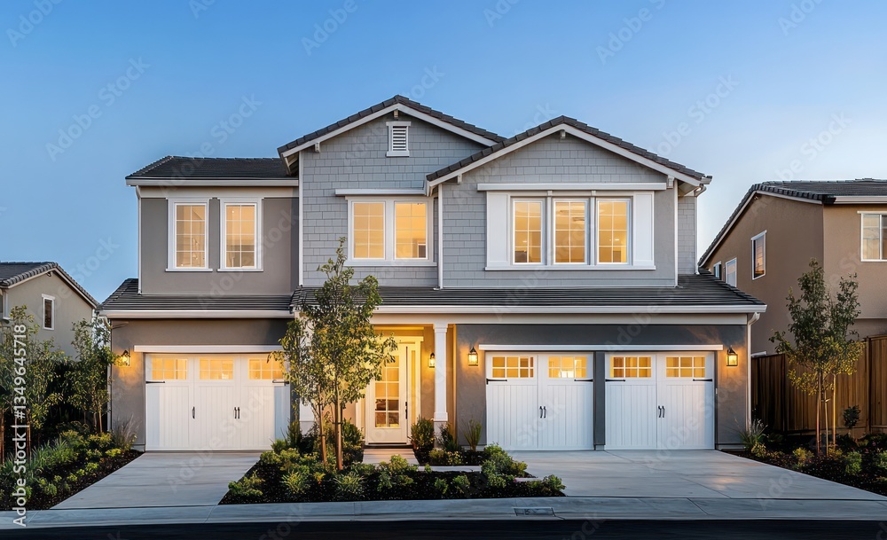 Fototapeta premium Two-story house, twilight, suburban street, landscaping (1)