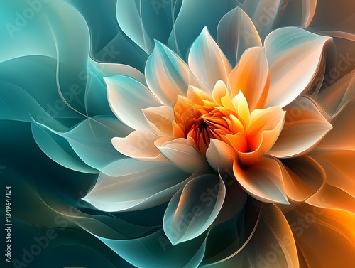 Abstract Teal and Orange Flower Bloom Artistic Floral Design