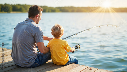 Father and son joyfully fishing on dock by serene lake, bonding experience photo