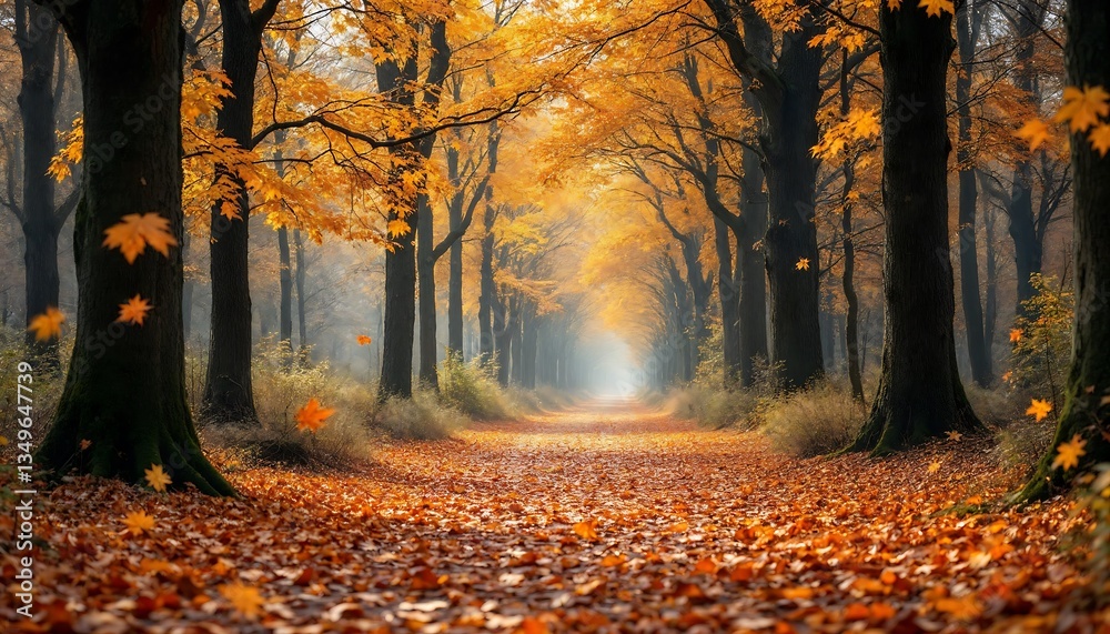 Obraz premium Autumn Pathway Through Golden Trees Landscape