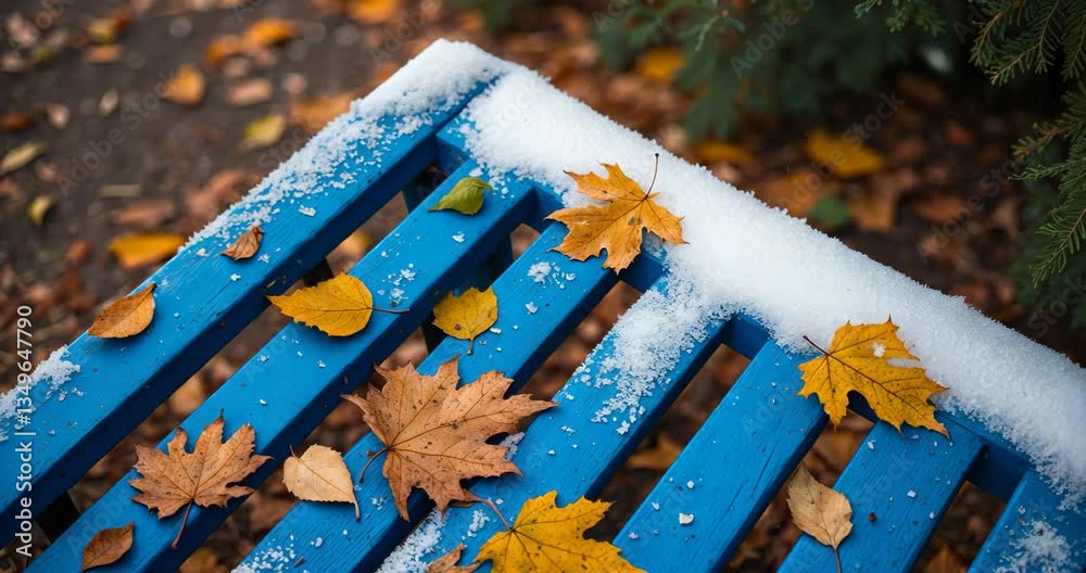 A blue park bench adorned with snow and scattered leaves.
