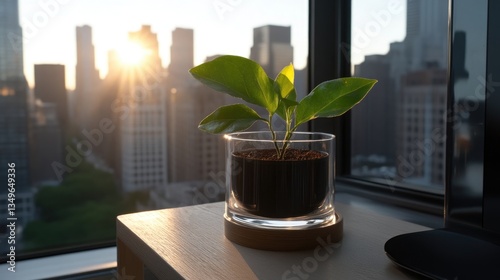 Urban oasis, small plant in modern pot, city sunrise view