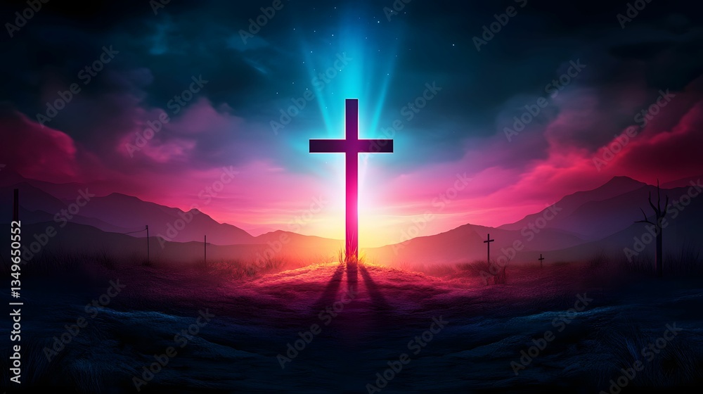 Fototapeta premium A vibrant, surreal landscape featuring a glowing cross against a colorful sky, symbolizing hope and spirituality amidst a dramatic backdrop.
