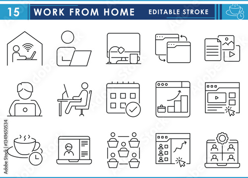 A set of line icons related to Work from Home. Work, home, laptop, online, workspace, coffee, income, and so on. Vector editable stroke.