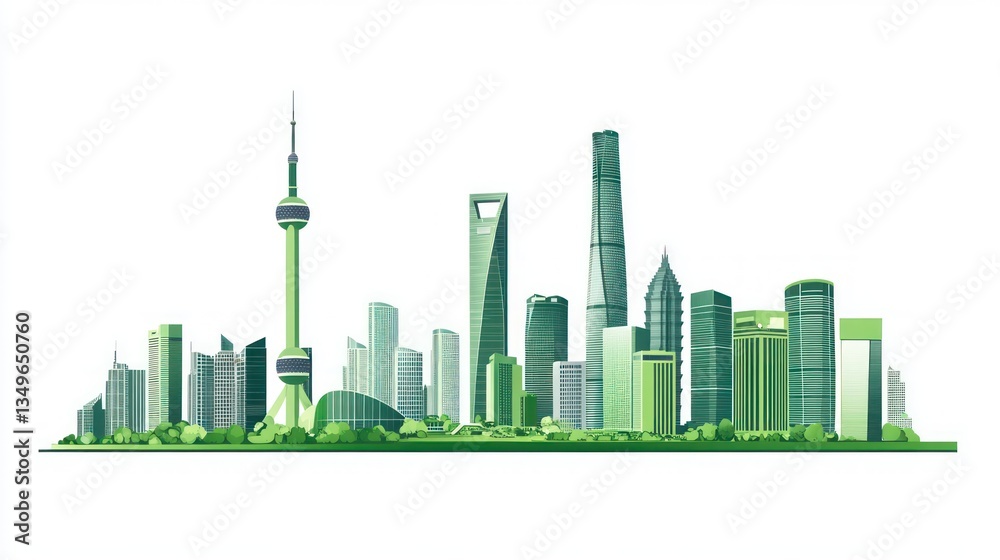 Fototapeta premium Shanghai Skyline, Eco-Friendly Cityscape Illustration, for Business Presentation
