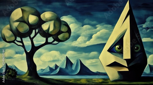 Surreal landscape painting, featuring a stylized tree, mountains, and a geometric face, with a dreamlike quality