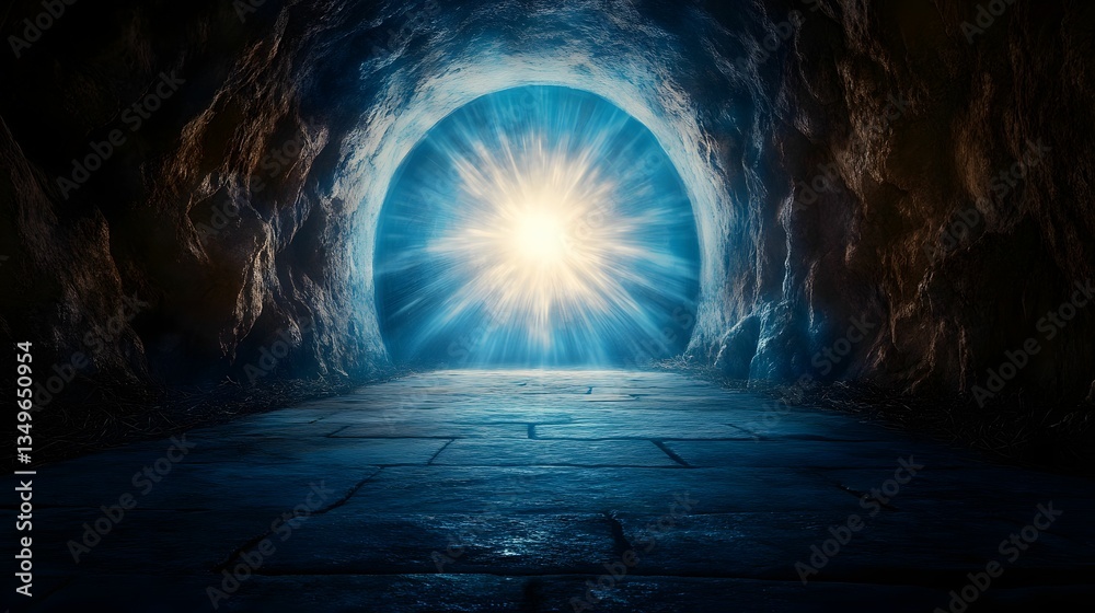 Obraz premium A bright light emanates from the end of a dark tunnel, illuminating the stone pathway with a mystical glow.