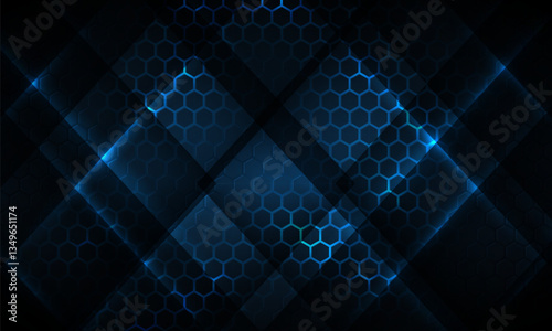 Dark hexagon gaming abstract vector background with blue colored bright flashes. Vector illustration with honeycomb texture grid