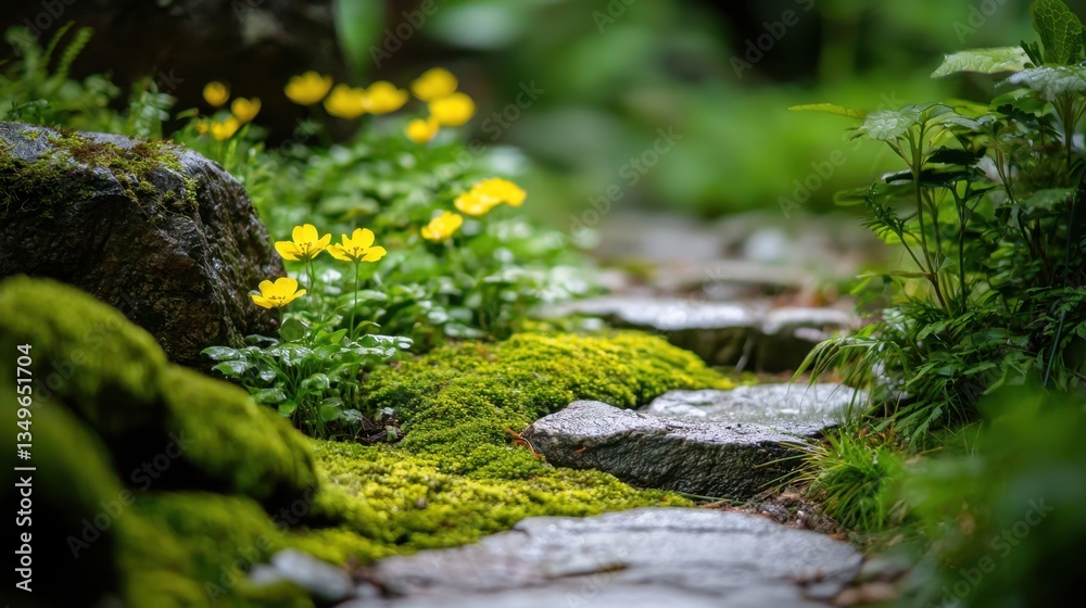 Vibrant yellow flowers blooming along a moss-covered stone pathway in a serene garden setting during early spring Vibrant yellow flowers blooming along a moss-covered stone pathway in a serene garden setting during early spring
