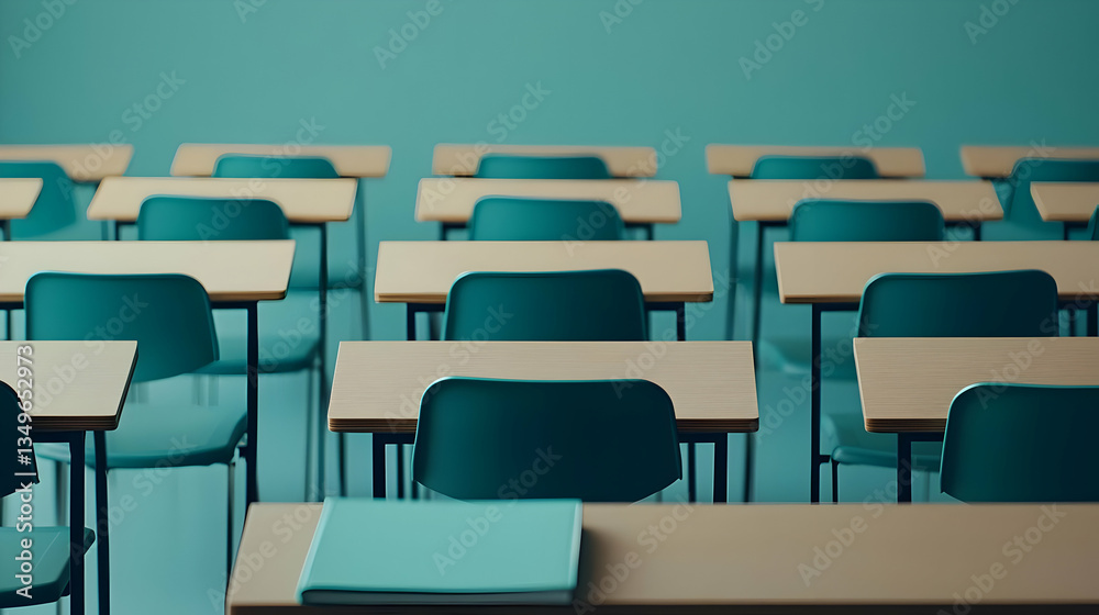 Naklejka premium Empty Classroom Interior With Rows Of Wooden Desks And Teal Chairs Under Bright Light