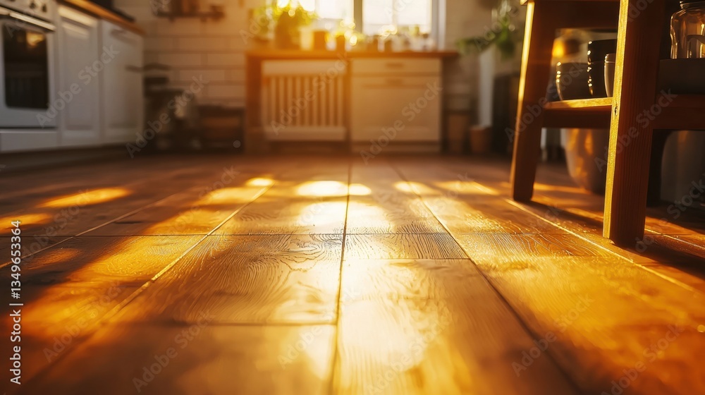 Fototapeta premium Warm sunlight streaming through a kitchen window illuminating wooden floors during late afternoon hours