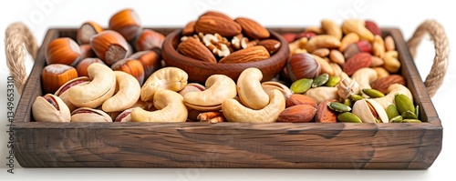 A diverse selection of nutritious nuts and seeds including almonds cashews pistachios and walnuts arranged in a rustic wooden tray for a tasty and wholesome snacking experience