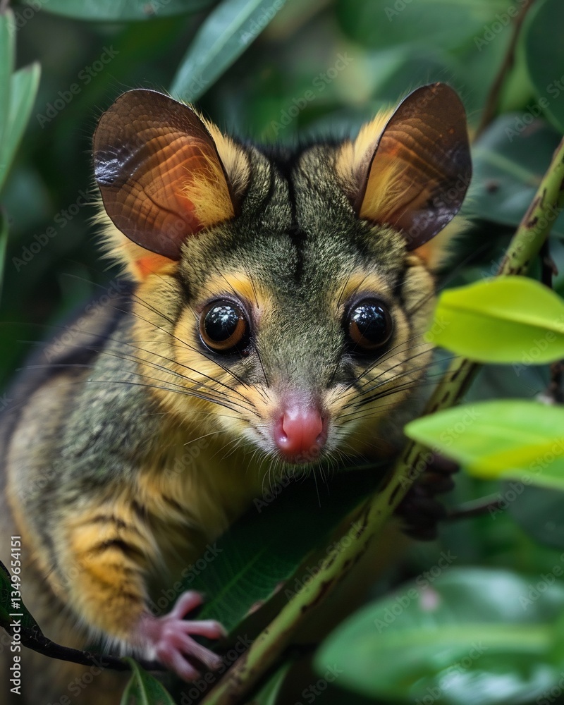 Obraz premium Stunning macro photo of Green Lemuroid Ringtail Possums expressive eye reflecting dense jungle canopy highlighting intricate fur texture subtle color gradient professional prime lens hyperreal clarity