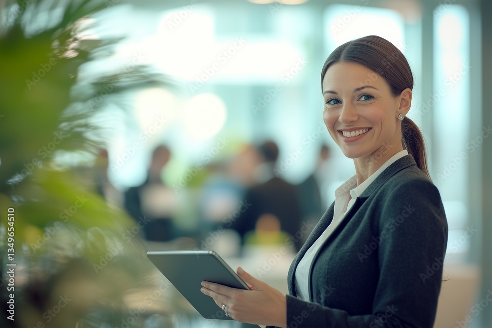 Smiling Caucasian businesswoman holding a tablet in a stylish, modern office with blurred background of people working in a corporate setting, highlighting a dynamic business atmosphere Smiling Caucasian businesswoman holding a tablet in a stylish, modern office with blurred background of people working in a corporate setting, highlighting a dynamic business atmosphere