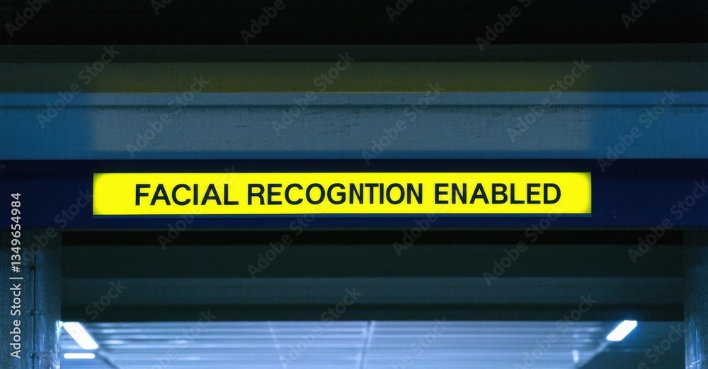Neon facial recognition enabled sign flickering in yellow over traffic checkpoint deep navy and muted silver symbolizing biometric scanning Neon facial recognition enabled sign flickering in yellow over traffic checkpoint deep navy and muted silver symbolizing biometric scanning