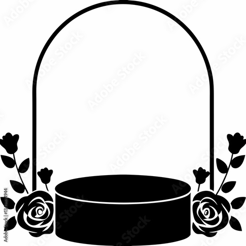 Elegant black silhouette of a floral archway framing a circular pedestal, perfect for showcasing a treasured keepsake or a special memory.