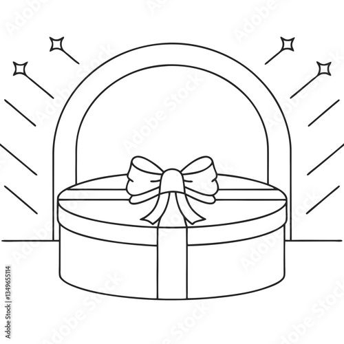 A beautifully wrapped gift, a symbol of surprise and joy, sits within a glowing archway, radiating happiness and anticipation with a simple line art style.