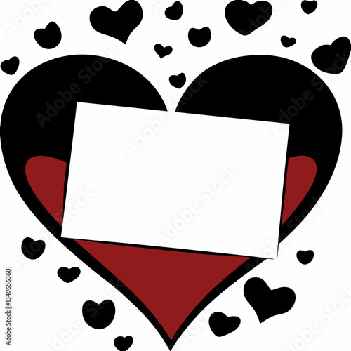A passionate red and black heart bursting with love, revealing a blank space for your heartfelt message, surrounded by a flurry of smaller black hearts.