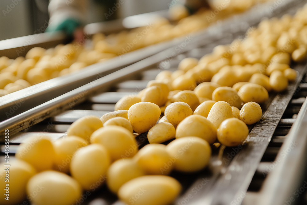 Fresh harvest potatoes on conveyor belt in industrial factory, Selective focus clean potato on line process in industry plant manufacturing. Fresh harvest potatoes on conveyor belt in industrial factory, Selective focus clean potato on line process in industry plant manufacturing.