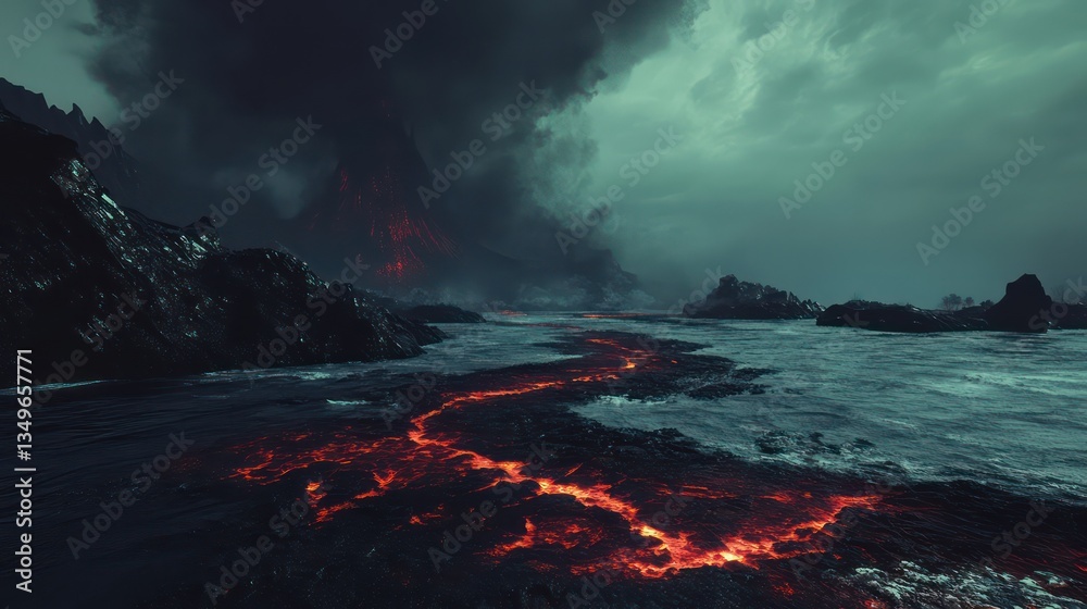 Fototapeta premium Volcanic eruption coast, dark sky, lava flow, dramatic landscape, environmental disaster