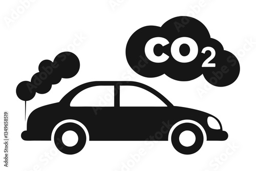 Car Emitting Smoke Silhouette, CO2 Cloud Illustration, Pollution Concept On White