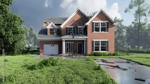 Damaged House After a Storm: A 3D Render of a Brick House with a Destroyed Roof and Driveway