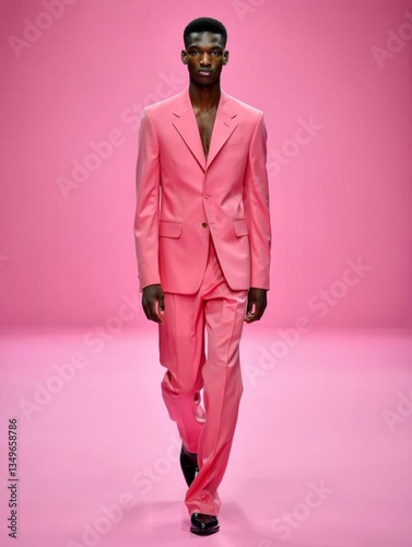 Fashion model walking runway in bright pink suit against matching pink background. Full-body editorial shot showcasing modern tailoring with black dress shoes.