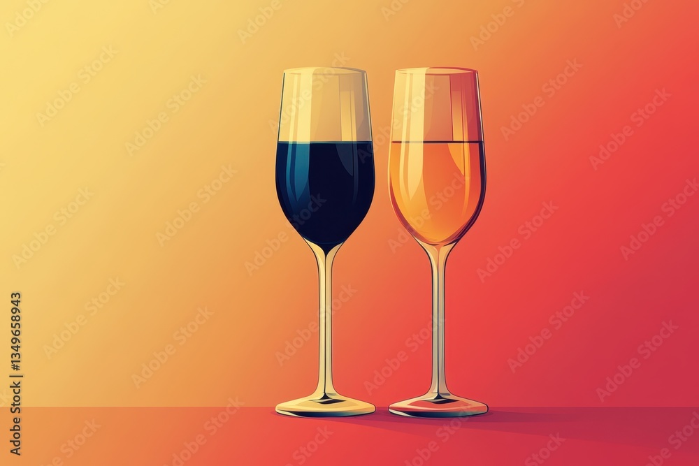Stylish glasses of dark and light beverages displayed against a gradient background during an elegant evening gathering Stylish glasses of dark and light beverages displayed against a gradient background during an elegant evening gathering