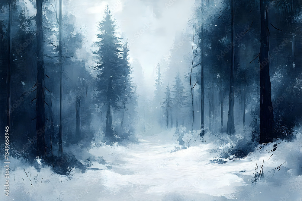 Naklejka premium Mystical Winter Wonderland, A Serene Snowy Forest Landscape Painting