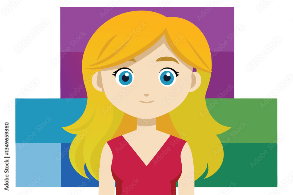Cartoon Blonde Woman Portrait with Blue Eyes and Red Dress on Bright Background Cartoon Blonde Woman Portrait with Blue Eyes and Red Dress on Bright Background