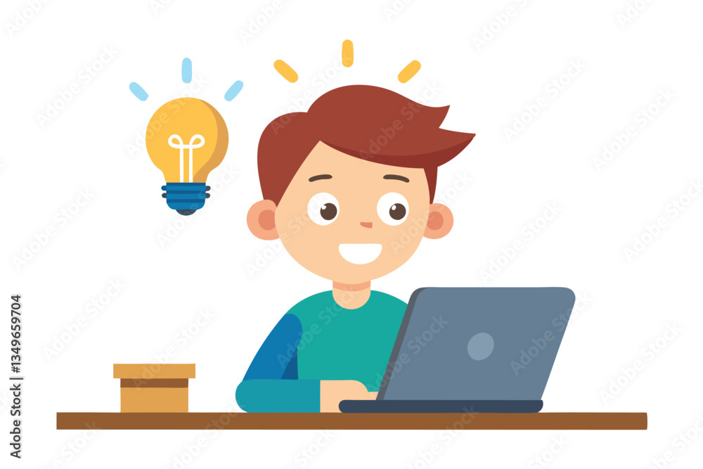 Cartoon Boy at Desk with Laptop Computer and Lightbulb Idea Flat Design Cartoon Boy at Desk with Laptop Computer and Lightbulb Idea Flat Design