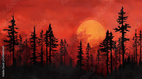 trees silhouette on a red sunset background