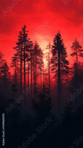 trees silhouette on a red sunset background