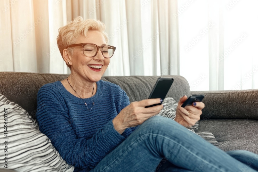 Joyful mature woman using smartphone and remote control while relaxing on sofa Joyful mature woman using smartphone and remote control while relaxing on sofa