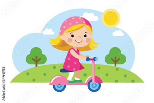 Cartoon Girl Riding Scooter in Park, Blonde Hair, Pink Dress, Sun and Trees Background