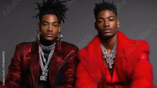 Two men in opulent red and silver attire