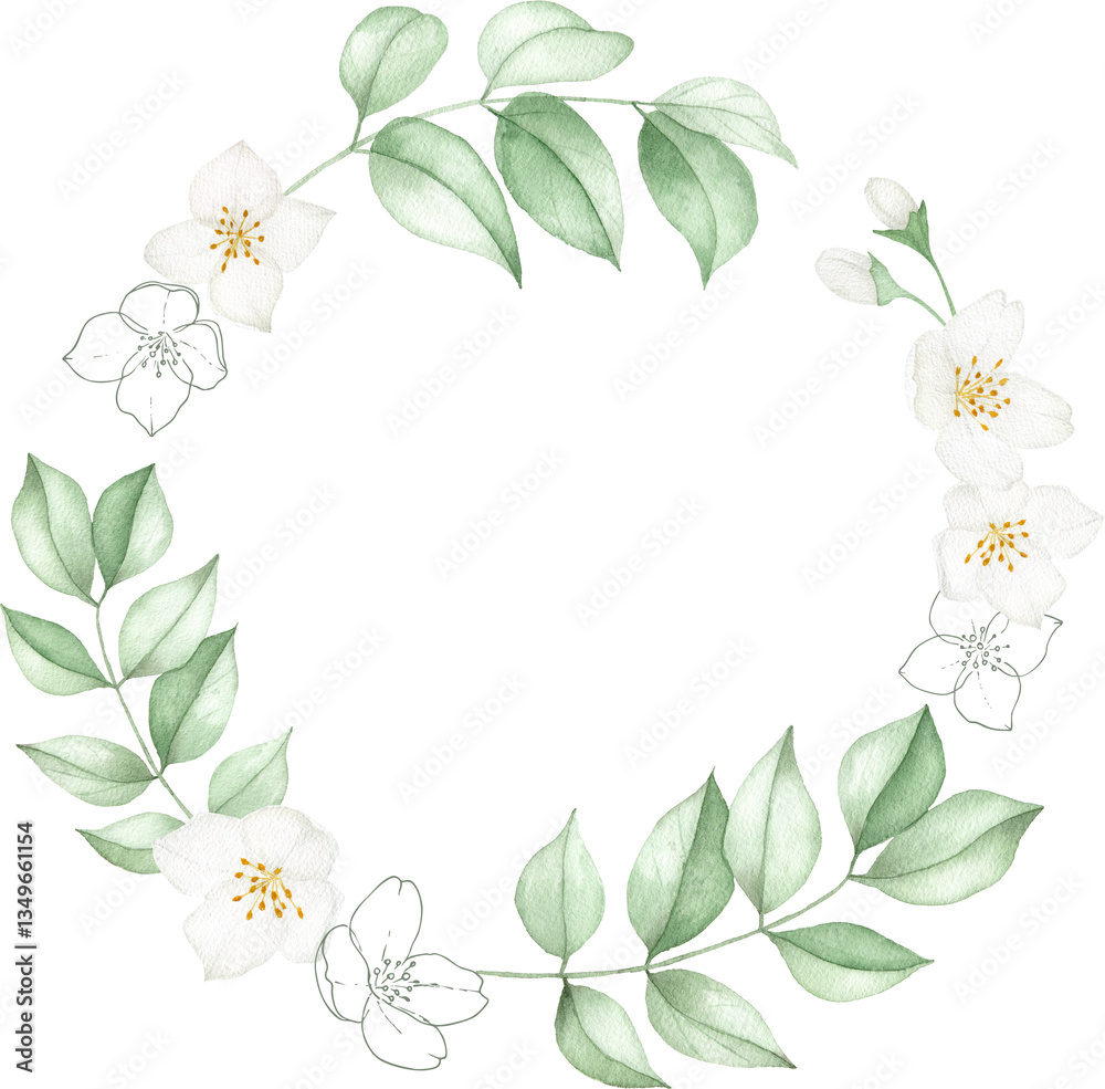 Naklejka premium Hand-Painted Watercolor Jasmine Floral Wreath