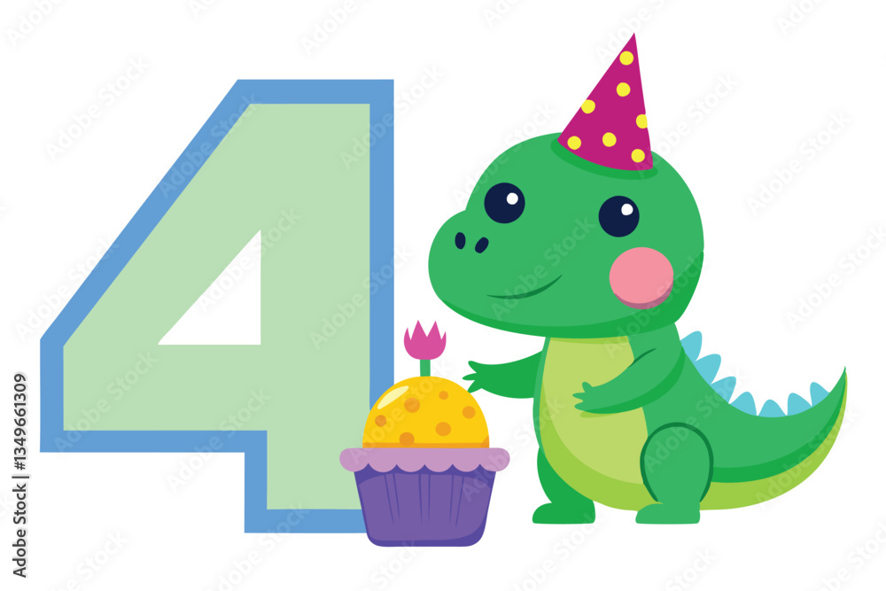 Fototapeta premium Cartoon Green Dinosaur with Party Hat and Cupcake Number Four on Isolated Background