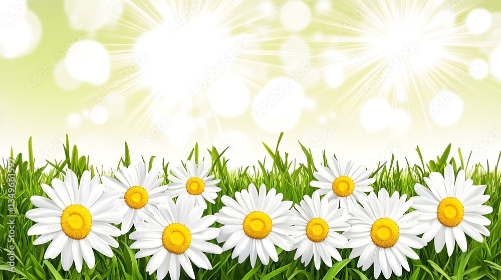 Obraz premium Daisies blooming in green grass with sun, web background