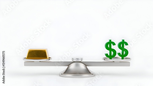 Dollar sign and gold on a weighing scale, Dollar backed by gold concept. More Dollars for the same amount of Gold. Dollar depreciating against gold.