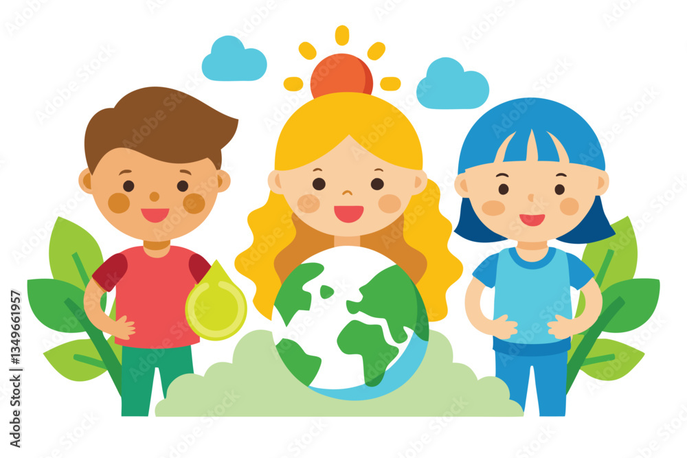 Cartoon Kids Standing Behind Globe, Leaves, Cloud, and Water Drop, Flat Design Style Cartoon Kids Standing Behind Globe, Leaves, Cloud, and Water Drop, Flat Design Style